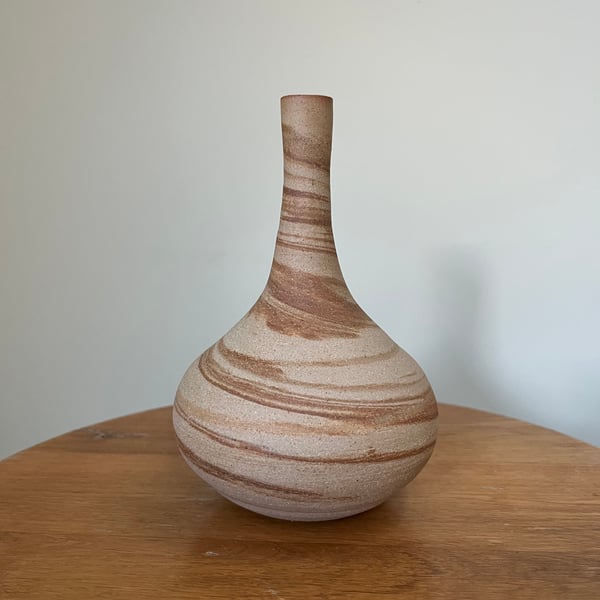 Handmade buff clay bud vase with natural iron swirls 