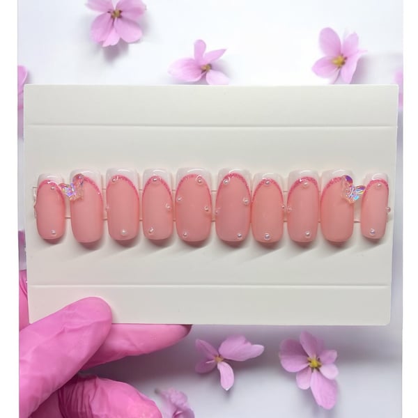 Custom press on nails - Pink French butterflies 