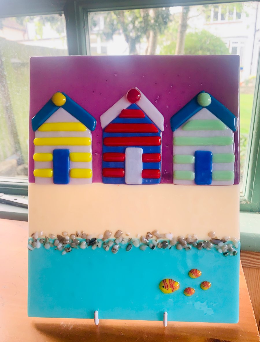 Beach Huts Fused Glass Pucture