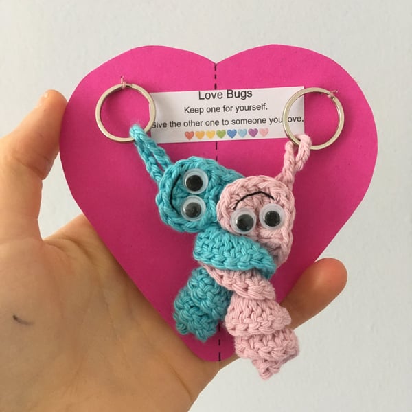 Crochet Love Bug Keyring, Blue And Pink