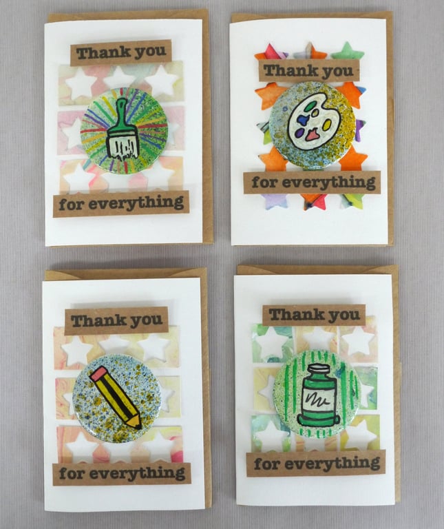 4 x Badges, Art Badges, Badge Cards, Thank You Cards, Keepsake Cards, Art Cards