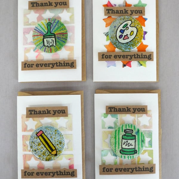 4 x Badges, Art Badges, Badge Cards, Thank You Cards, Keepsake Cards, Art Cards