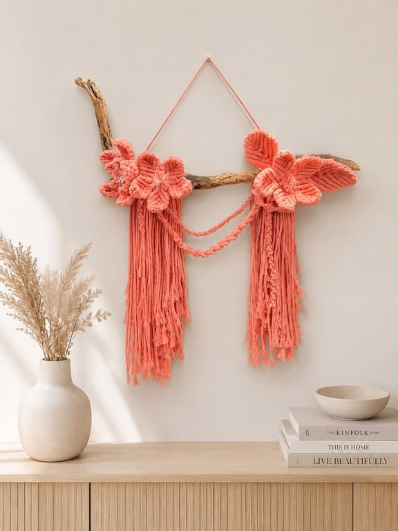 Macrame Flower Wall Hanging, Boho Decor on Wood Branch, 3D Sculptural Floral Art