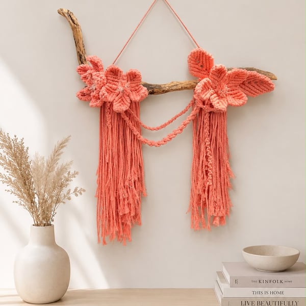 Macrame Flower Wall Hanging, Boho Decor on Wood Branch, 3D Sculptural Floral Art