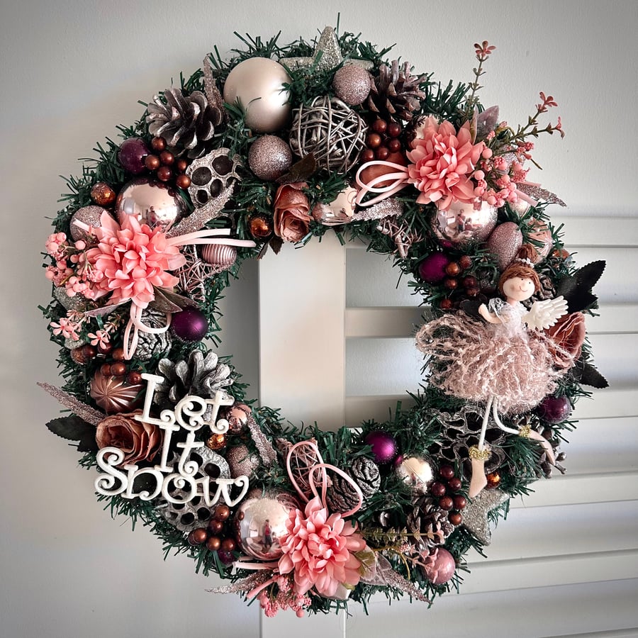 Large luxury Christmas wreath with angel , elegant country home mantle piece