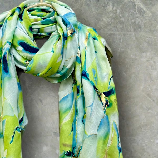 Abstract Lime Green Scarf With Gold Accents Cotton Blend Scarf for Women