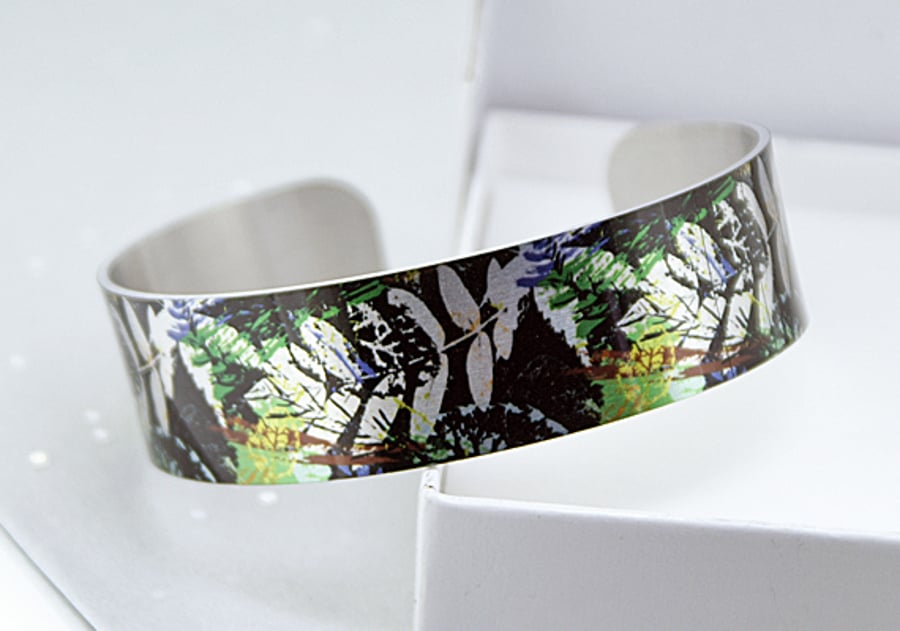 Cuff bracelet, fern leaves, green black, metal bangle. Seconds sunday. B430