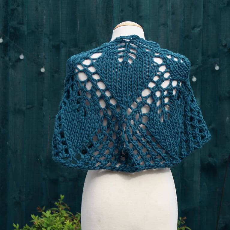 Chunky hand knit lace capelet in moonlight blue 100% wool - design SB168