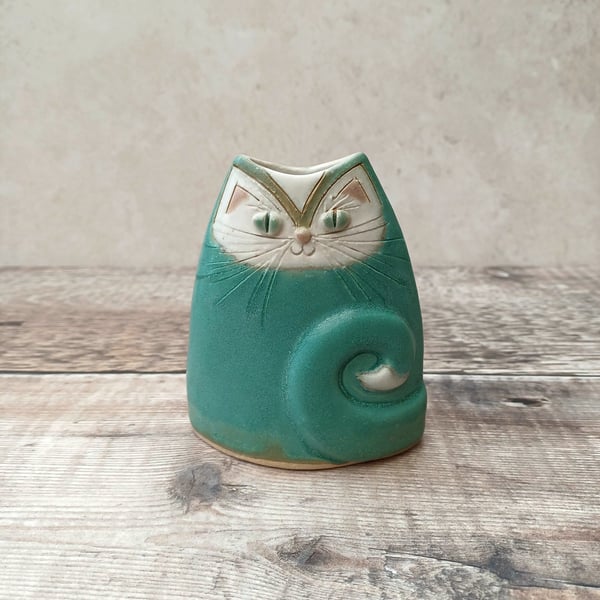 Small turquoise green pottery cat case