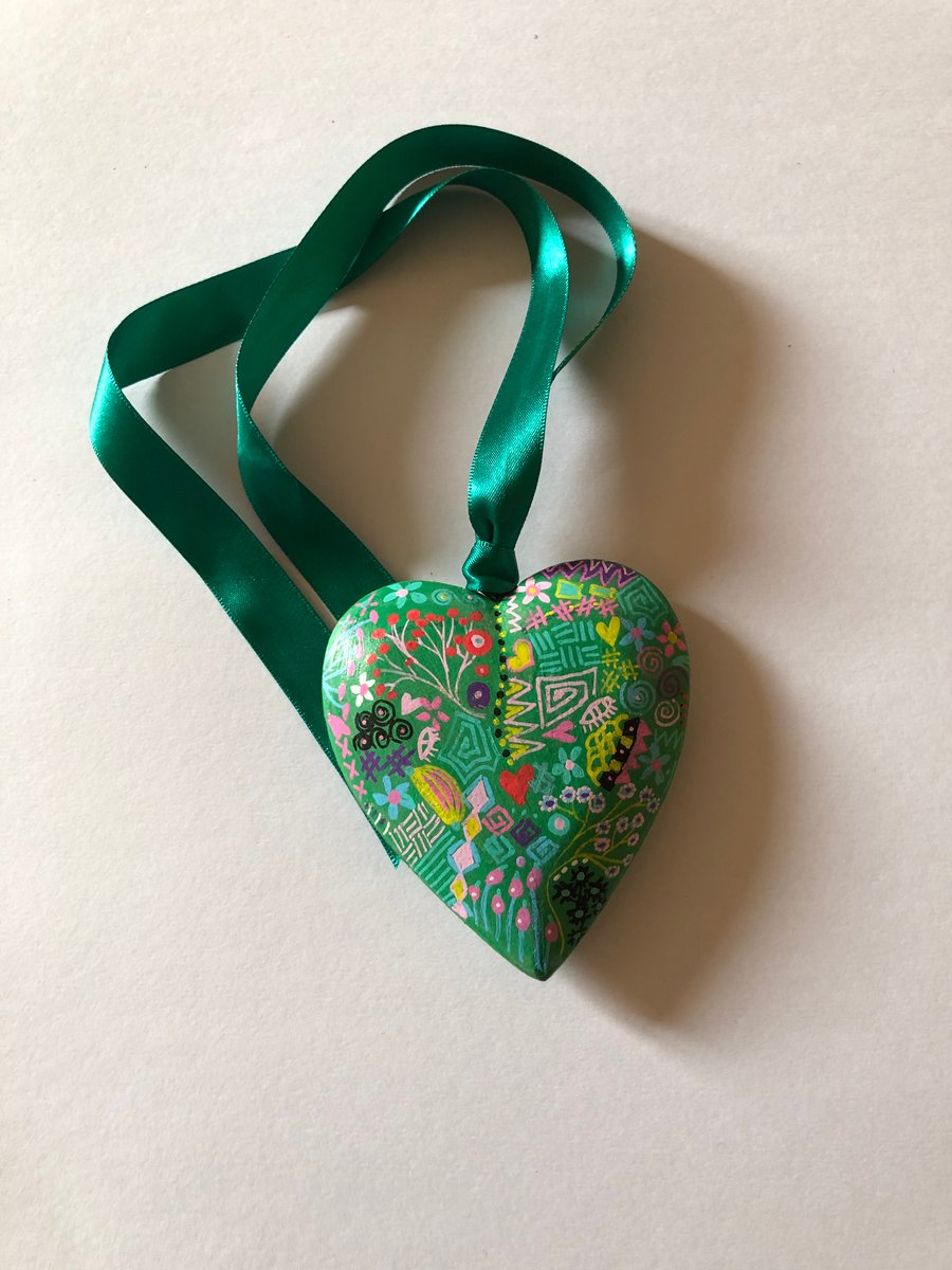 Green hand painted wooden heart