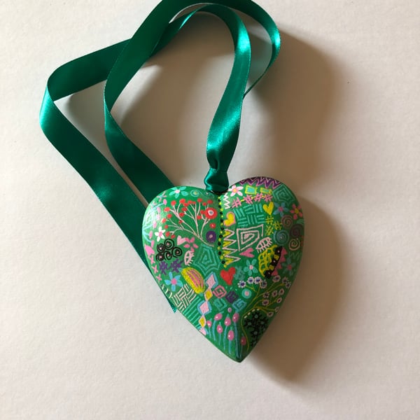 Green hand painted wooden heart