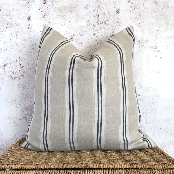 Striped Linen Cushion Cover with Off White and Indigo Stripes 16” x 16”