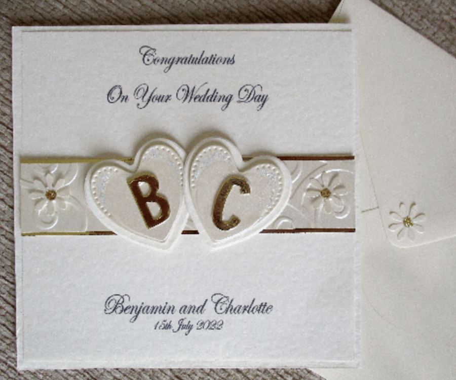 Wedding Card With Hearts - Initials - Personalised - Ivory and Gold - Sparkly 