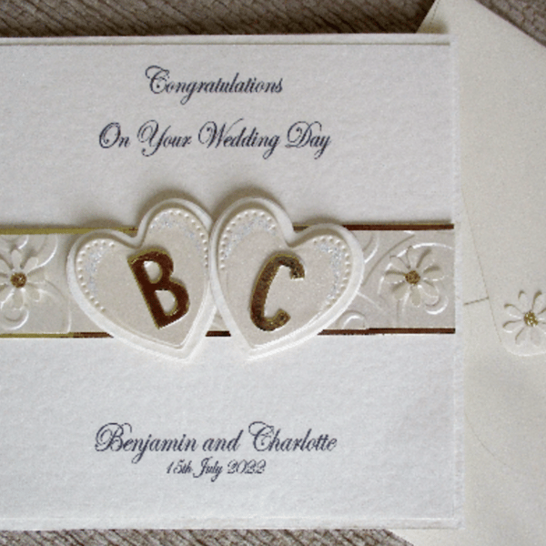 Wedding Card With Hearts - Initials - Personalised - Ivory and Gold - Sparkly 