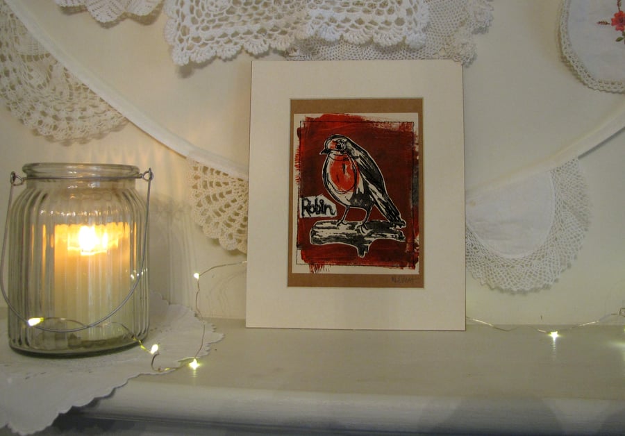 Christmas robin on red - lino print