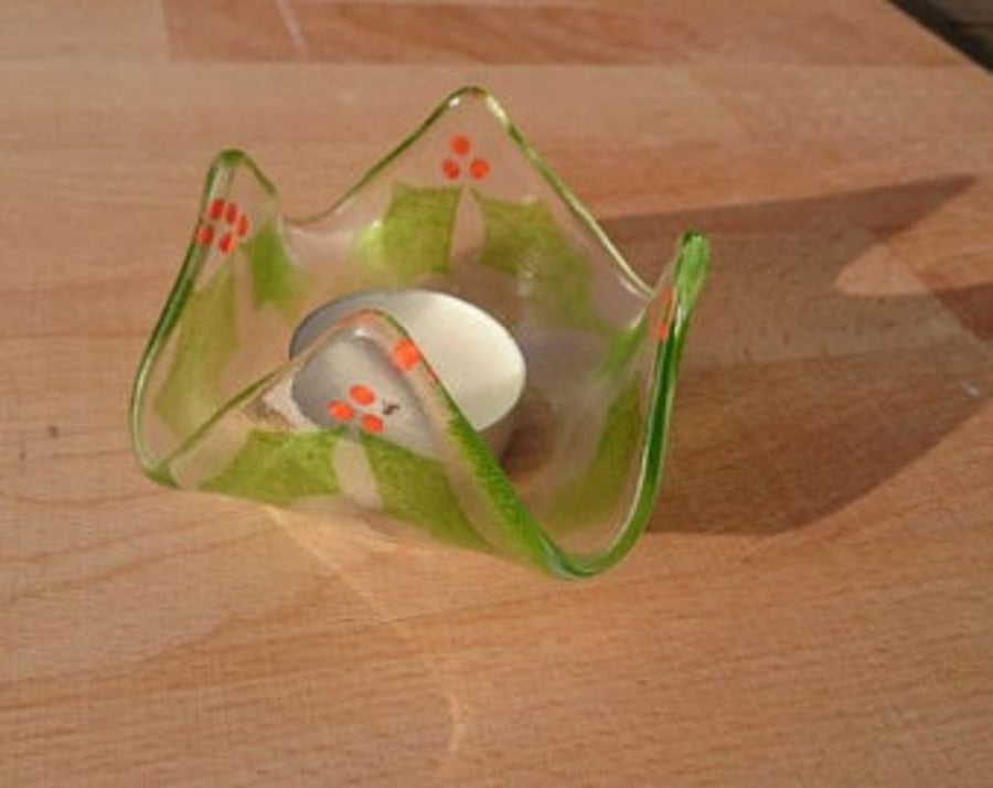 Fused Glass Holly Candle Drape Holder