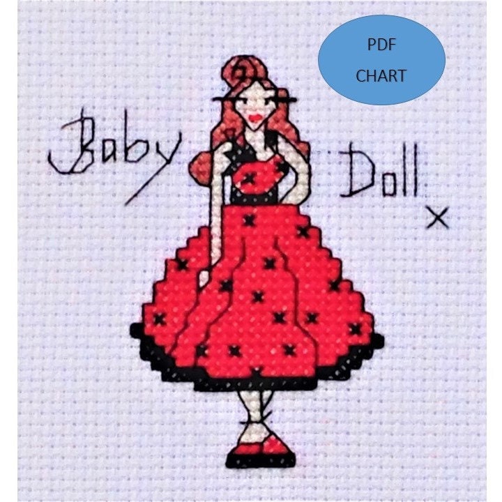 50's Rockabilly theme girl small cross stitch Instant digital PDF Pattern