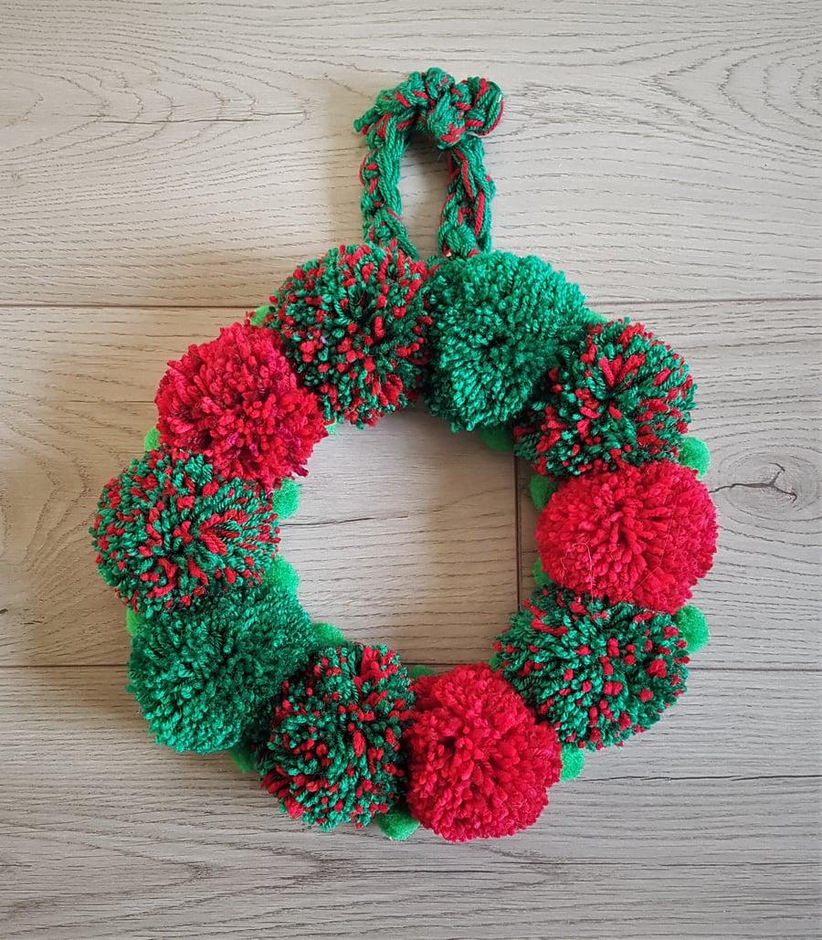 Christmas Green and Red Pom Pom Wreath 30cms 12 inches