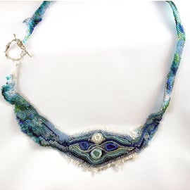 River Necklace, Beaded, Blue and Green Sea Glass