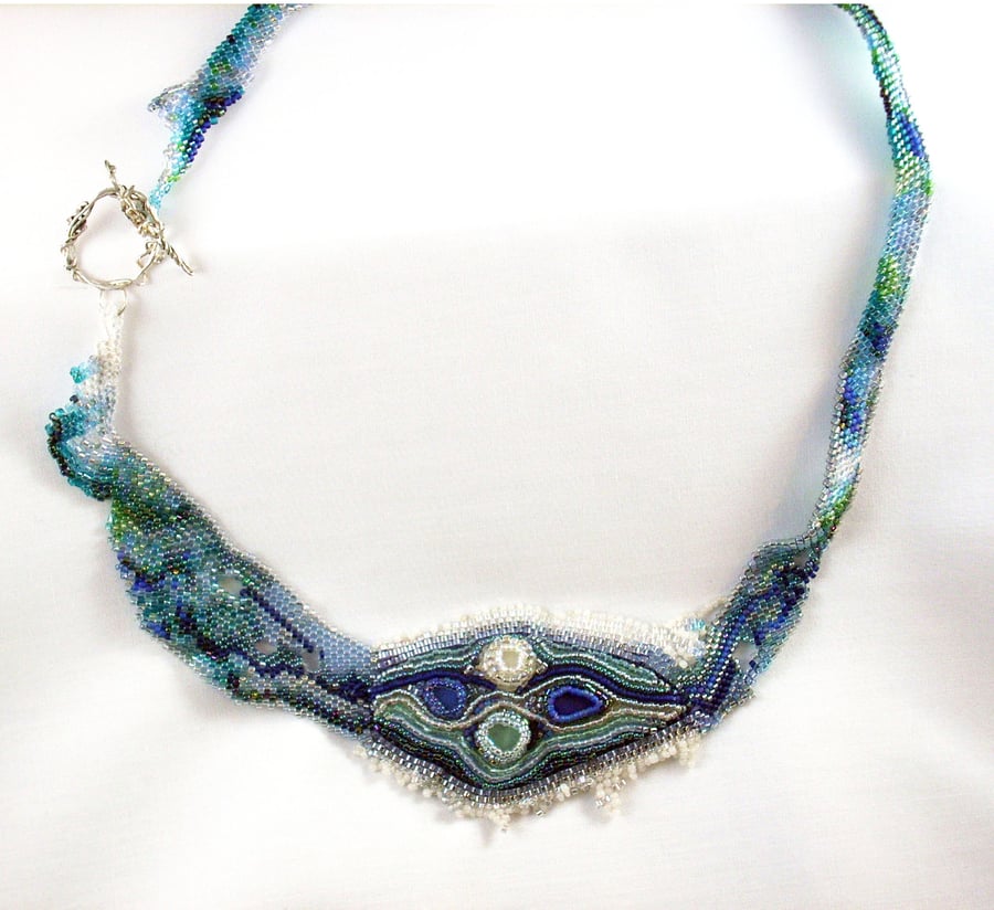 River Necklace, Beaded, Blue and Green Sea Glass