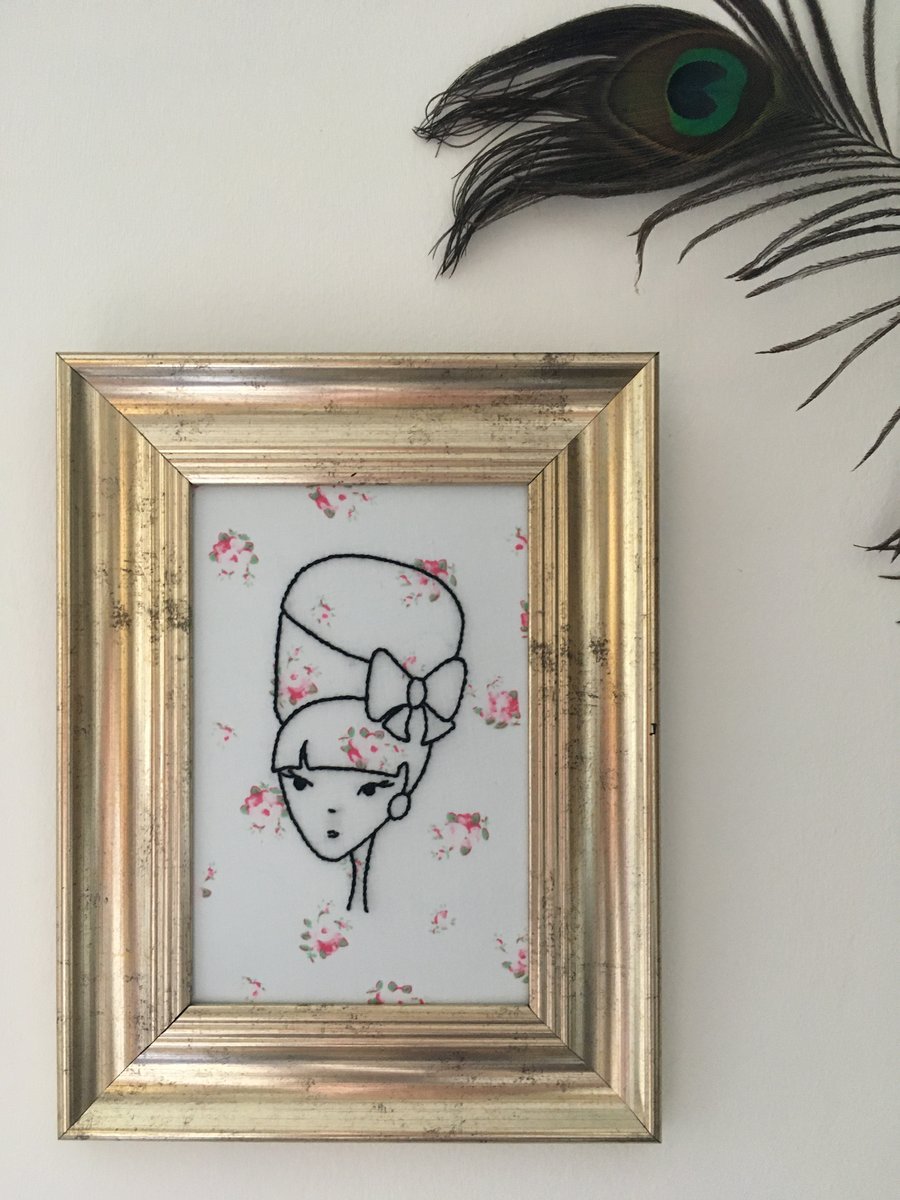Hand Embroidered Girl on 1950’s Vintage Fabric in a Vintage Frame