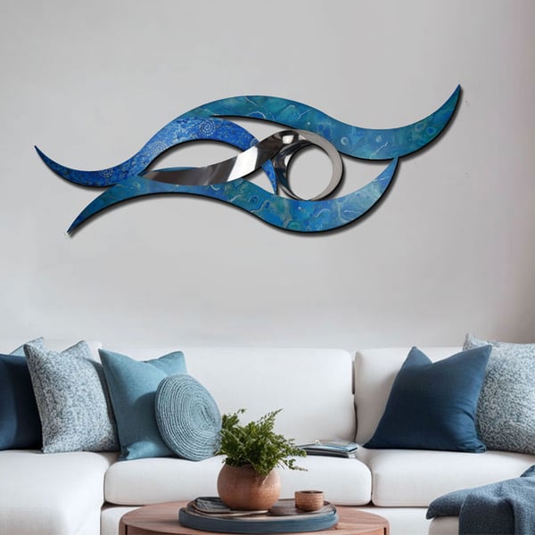 Blue Ripple Effect Stainless Steel Wall Decor – Contemporary Handmade Art