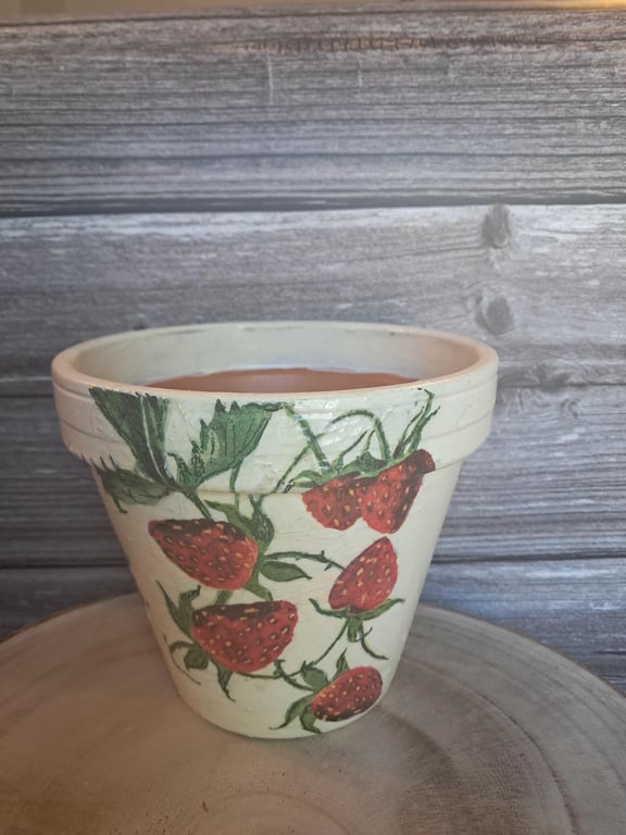 Hand Painted Strawberry Terracotta Pot, Decoupaged Garden Planter, Weatherproof 