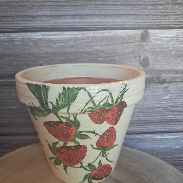 Hand Painted Strawberry Terracotta Pot, Decoupaged Garden Planter, Weatherproof 