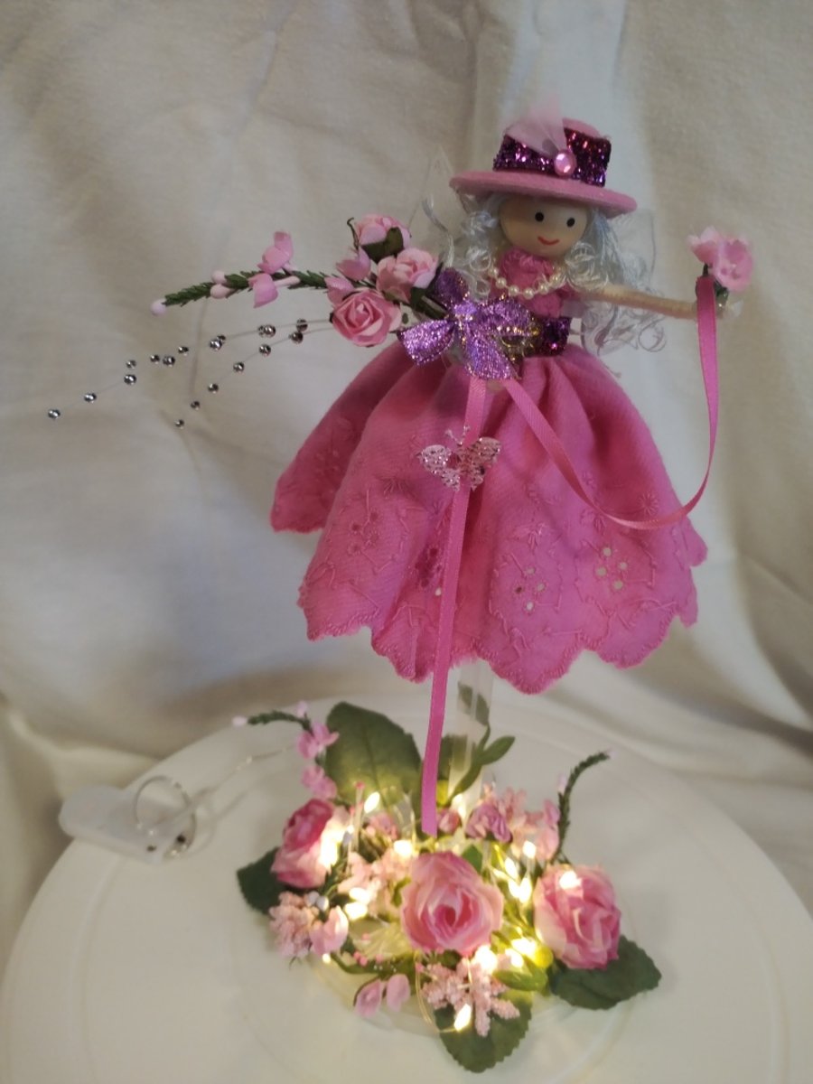 Bespoke Handmade Pink Fairy Doll on a Floral display on stand with fairy lights