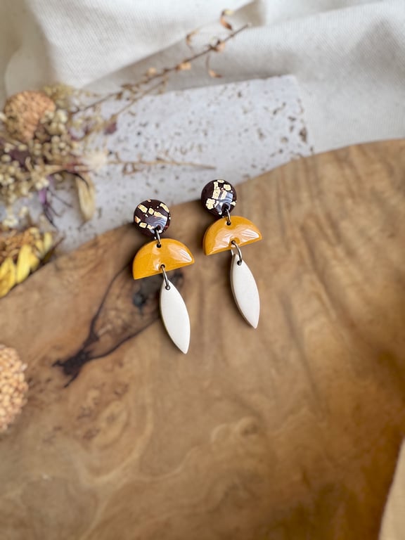 Autumn Gold Fleck & Mustard Half-Moon Dangles – Polymer Clay Earrings