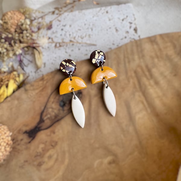 Autumn Gold Fleck & Mustard Half-Moon Dangles – Polymer Clay Earrings