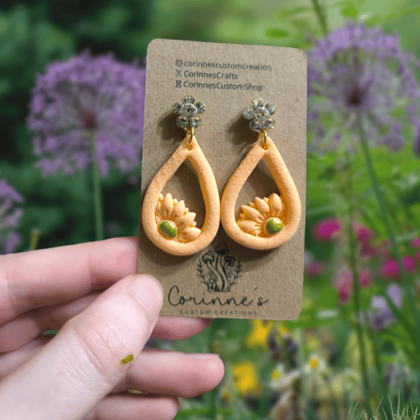 Handmade Polymer Clay Sunflower Dangle Drop Earrings 