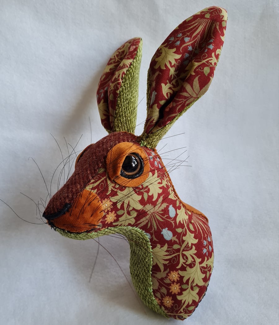 Faux hare head wall mount in May Morris fabric