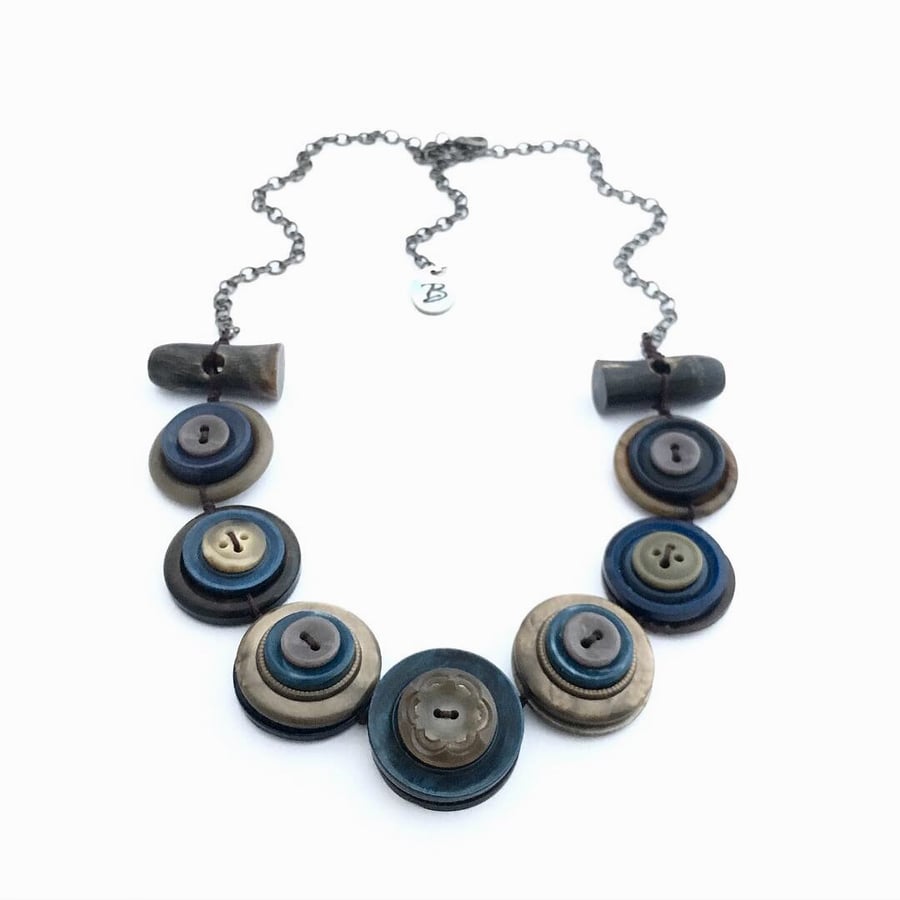 SALE - Beautiful Smoky Blue Colour Theme Vintage Buttons Necklace - one off item