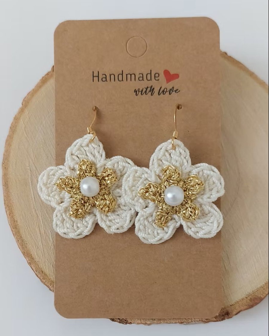 Cream & Gold Crochet Flower Drop Earrings - Delicate Boho Floral Dangles