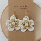 Cream & Gold Crochet Flower Drop Earrings - Delicate Boho Floral Dangles