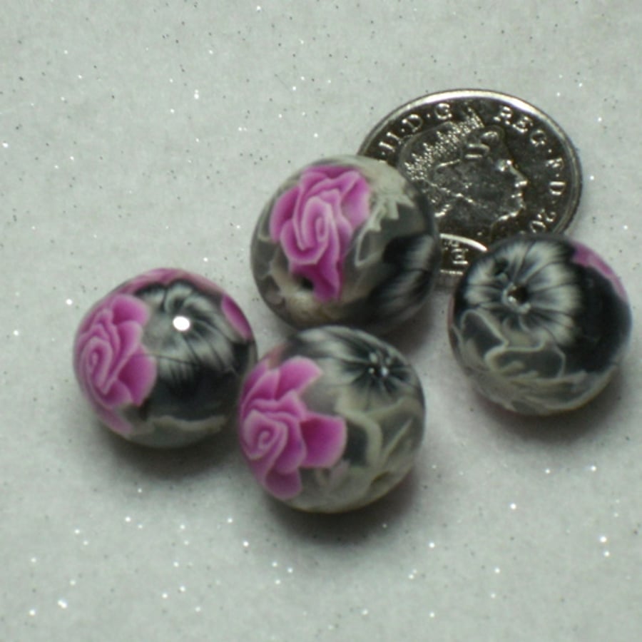 Art Beads - Pink Roses w Swarovski Crystals x 4
