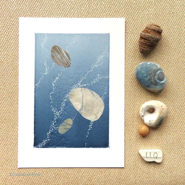 Monoprint with mixed media submerged pebbles semi abstract minimalist art