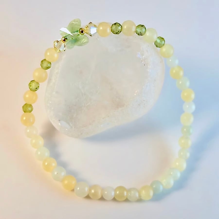 Peridot, Ambronite & New Jade Bracelet With Crystal Butterfly, Easter, Birthday