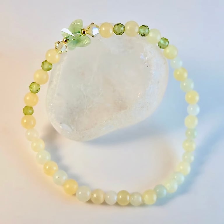 Peridot, Ambronite & New Jade Bracelet With Crystal Butterfly, Easter, Birthday
