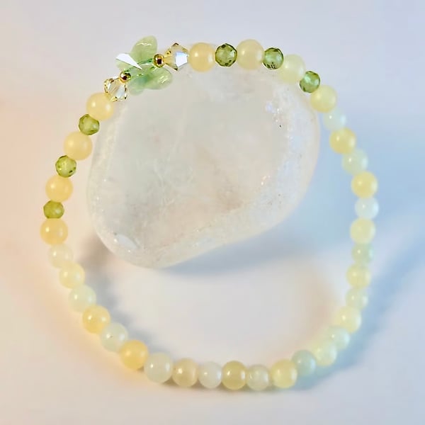 Peridot, Ambronite & New Jade Bracelet With Crystal Butterfly, Easter, Birthday