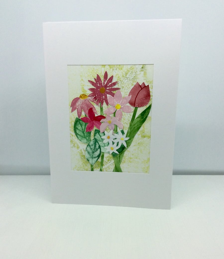 Card, original art, paper collage from printed motifs, pink and white flowers