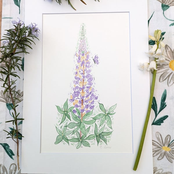  Lupin original watercolour painting A4 mounted