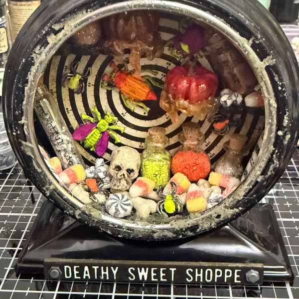 Handmade Halloween curio clock "sweet shoppee"