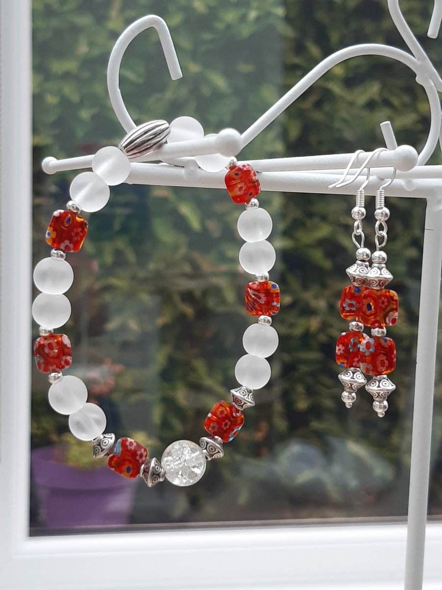 Millefiori and frosted glass bracelet and earring set