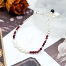 Garnet Bracelet - Dainty Gemstone Beaded Celestial Sterling Silver & Pearls 