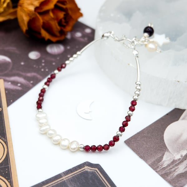 Garnet Bracelet - Dainty Gemstone Beaded Celestial Sterling Silver & Pearls 