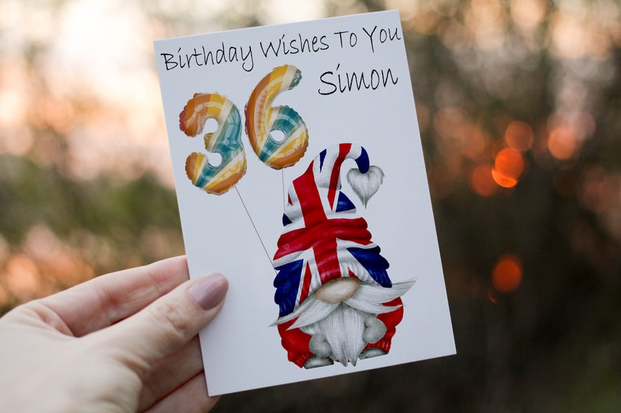Union Jack Gnome Age Birthday Card, Card for 36th Birthday, United Kingdom Flag 