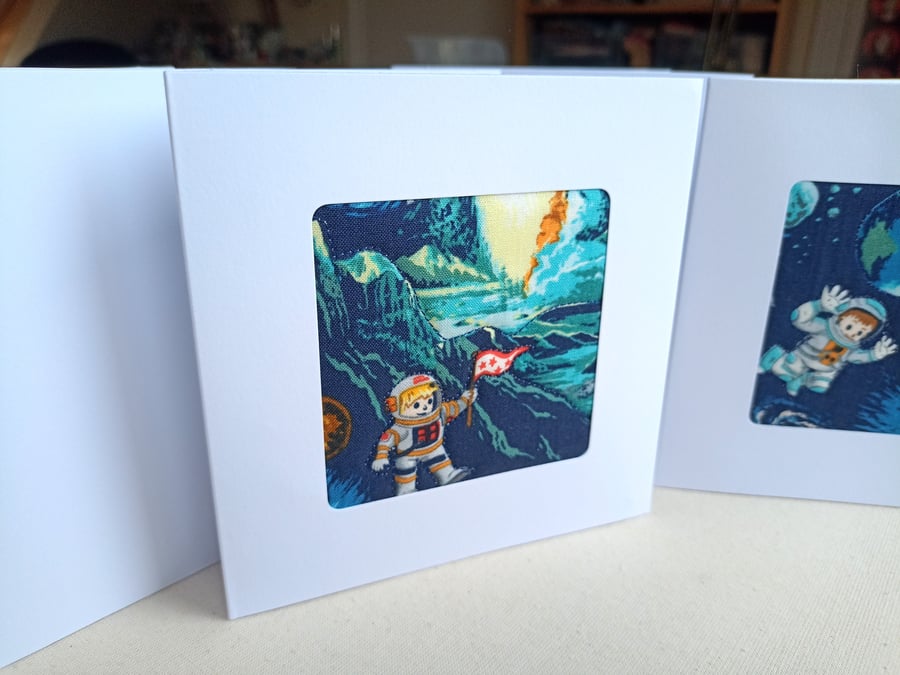 Birthday or occasion card for child - Spaceman quilted fabric - blank 