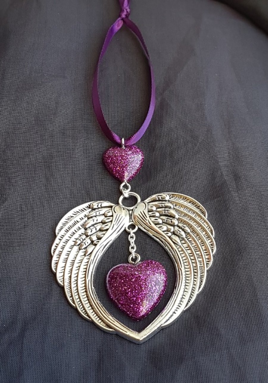 Gorgeous Angel Wings Ornament with Glittery Purple Hearts.